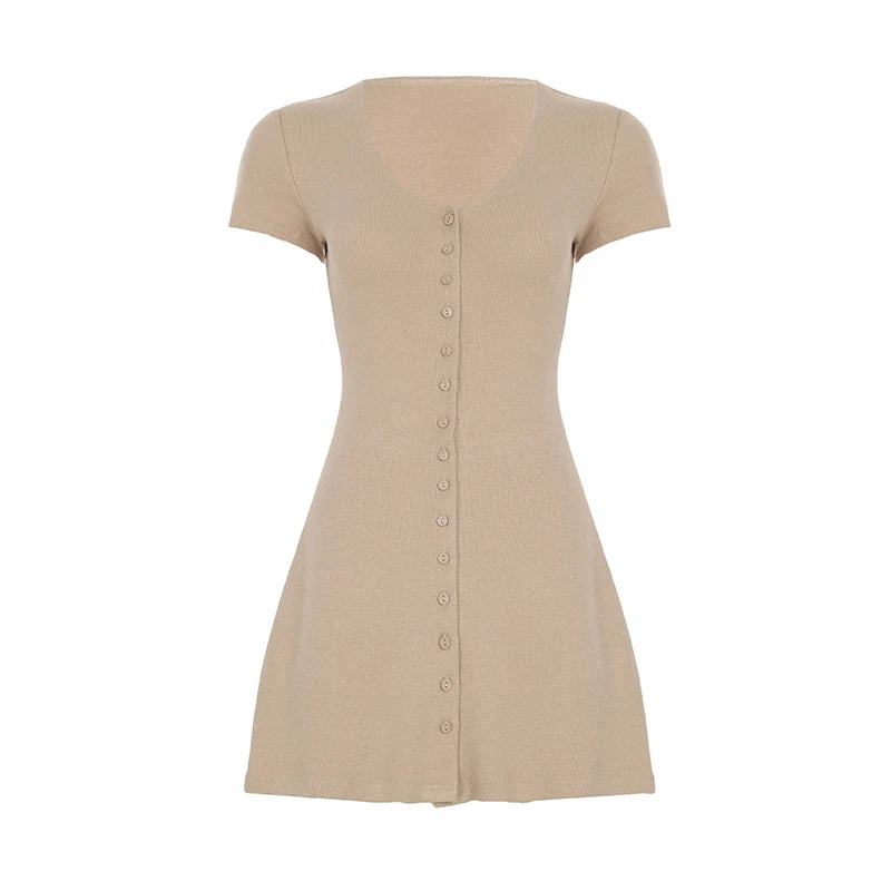 Button Up Dress Crewneck Short Sleeves Mini All-match Dress