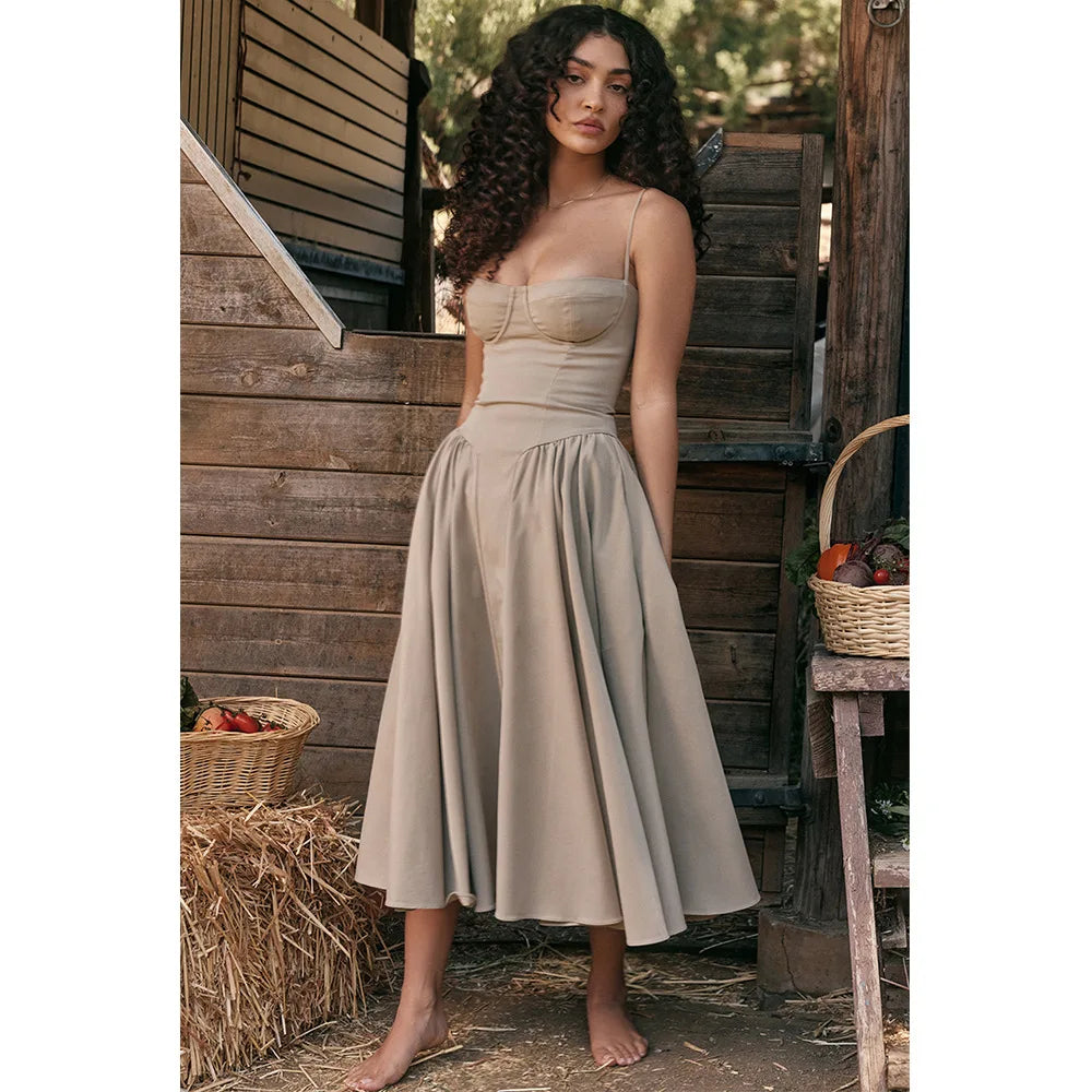 Dress for Pink Spaghetti Strap Midi Dress with Pocket Long Dress