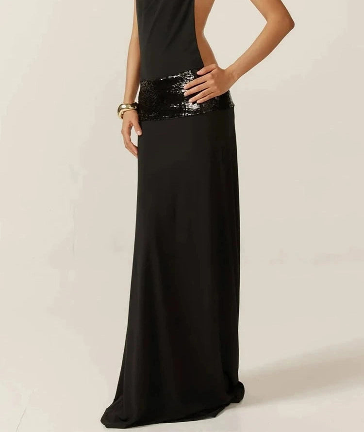Waist Sequins Dress Backless Halter Sleeveless Pile Collar Slim