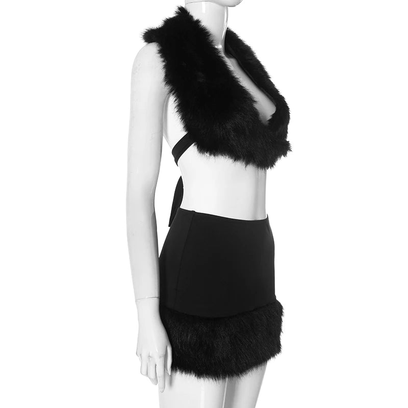 Fur Patchwork Set Deep V Tie Big Backless Fur Top Mini Fur Wrap Hip Skirt Set Evening