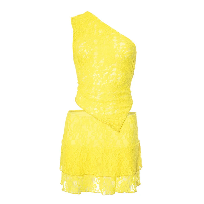 'S Irregular Slant Neck One Shoulder Lace Patchwork See-Through Top Mini Skirt Two Pieces Set
