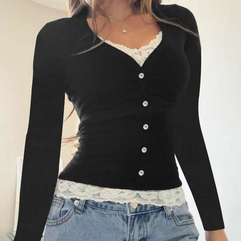 Lace Patchwork Slim Tee Shirt Long Sleeve Button Top