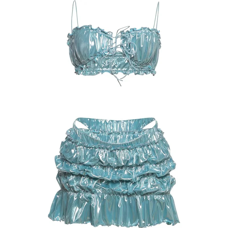Shiny Reflective Set Stunning Trim Crop Camis Under Pleated Ruffle Mini Skirts Swim Suits
