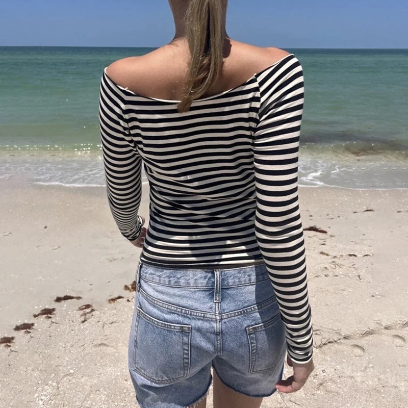 Slah Neck Strip Shirt Long Sleeve Crop Top Slim