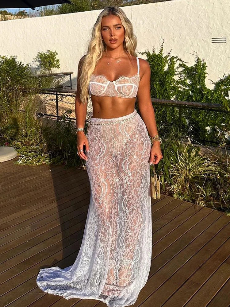 See Through Lace Chain Skirt Suit White Spaghetti Strap Crop Top Print Floral Skirt Two Piece Sets