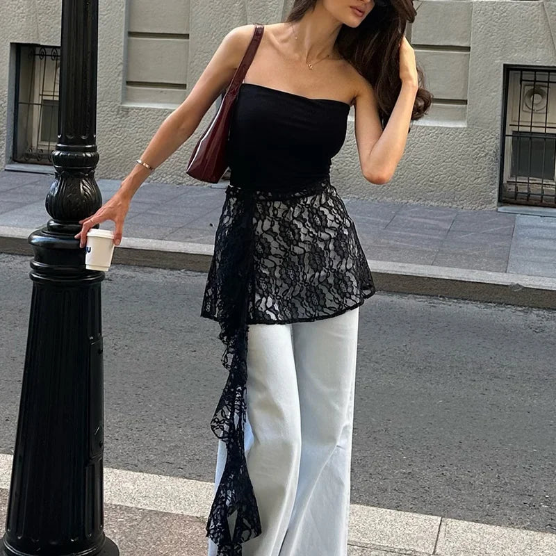Off Shoulder Lace Ruffle Trim Crop Top Backless Slim Tank Top Camis