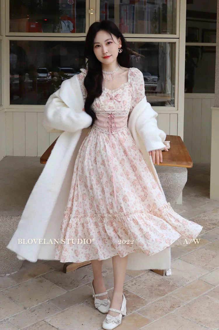 Spring Pink Floral Dress Bandage Lace Print Dress Puff Sleeve Kawaii Dress Princess Fairy