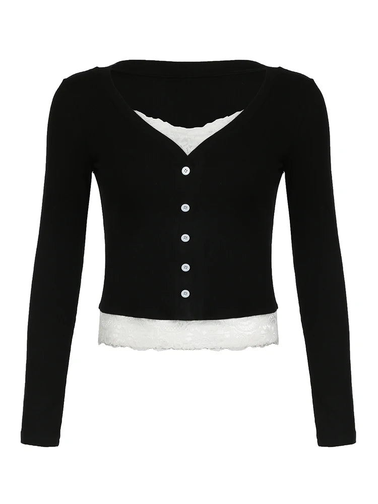 Lace Patchwork Slim Tee Shirt Long Sleeve Button Top