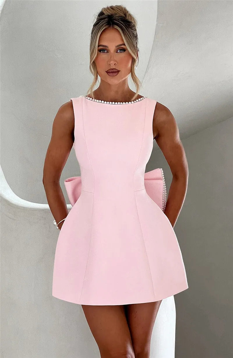 Pearl Bow Backless Mini Dress Zipper Sleeveless High Waist A-line Dress