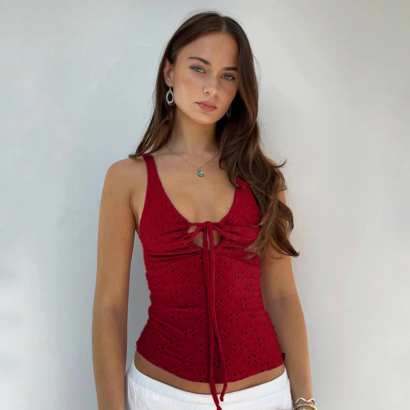 Lace-up Color Hole Top Slim Knitted Top