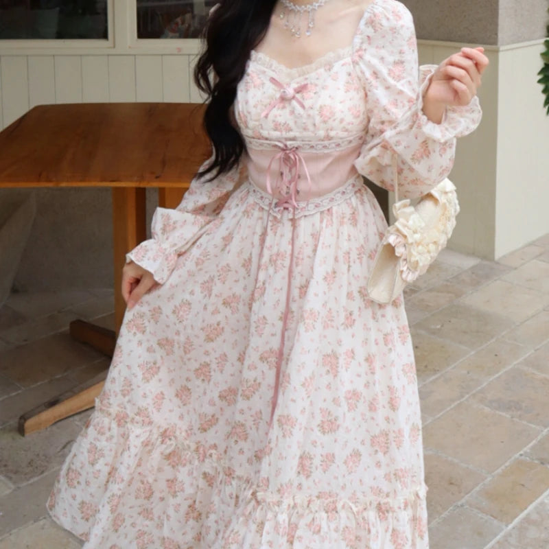 Spring Pink Floral Dress Bandage Lace Print Dress Puff Sleeve Kawaii Dress Princess Fairy