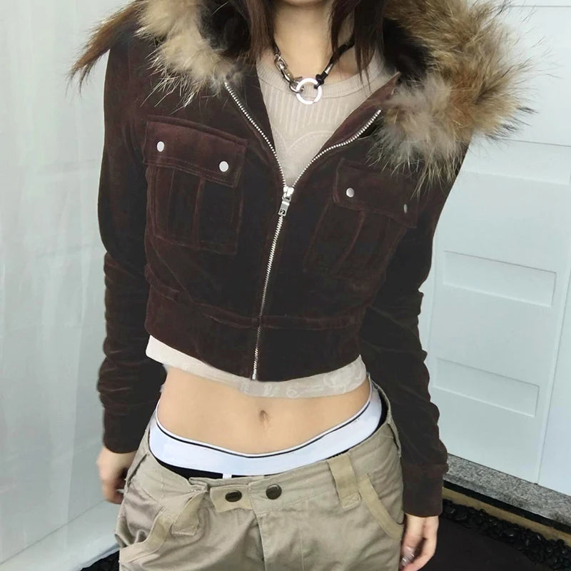 Pockets Fur Collar Short Jackets Zip Up Hoodies Coats