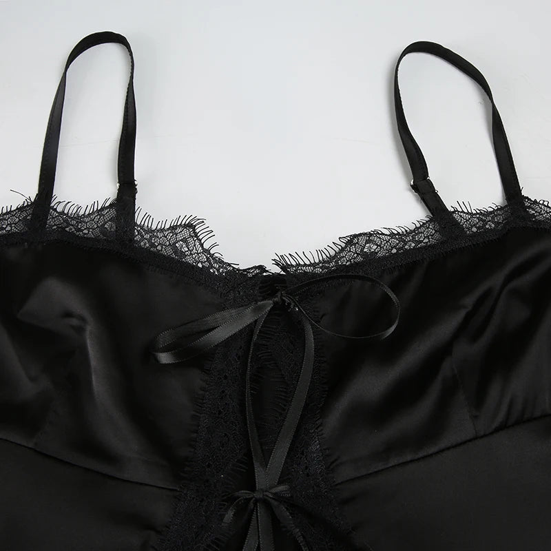 Lace Patchwork Black Camisole Lace-up Spaghetti Strap Satin Bustiers