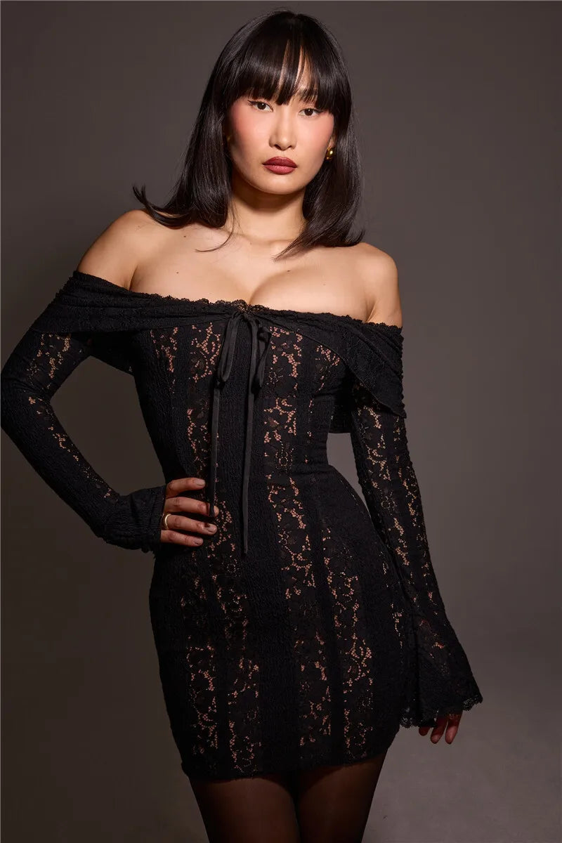 Lace Off-shoulder Maxi Dress Strapless Backless Long Sleeve Bodycon Evening Long Dress