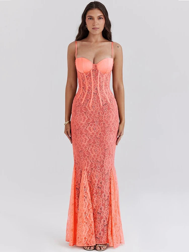 Floral Lace Maxi Dress For Orange Spaghetti Strap Sleeveless Backless Bodycon Long Dress