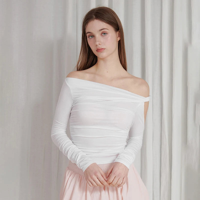 Oblique Collar One Shoulder Tie Long Sleeve Top Ruch Pullover