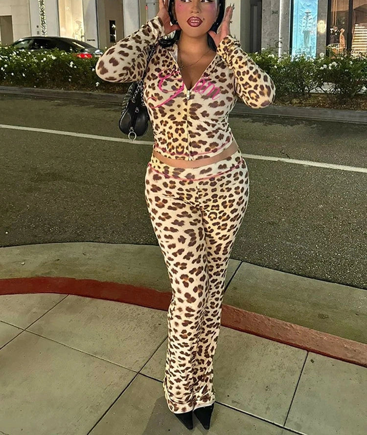 Leopard Crop Jacket Flared Pants Two Piece Set
