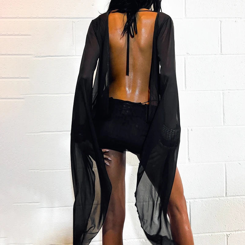 Meh Low-Cut Mini Short Dress Deep V-Neck See-Through Meh Lace-Up Skeleton Backless Hip Dress
