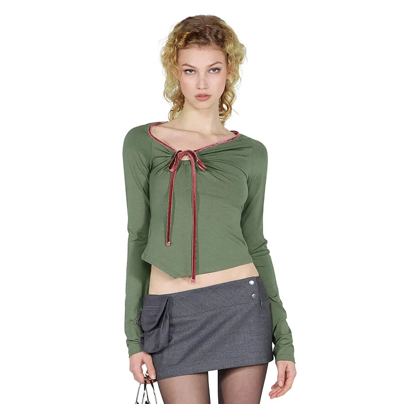 T Shirt Shrunk Lace Up Deign Long Sleeve Top