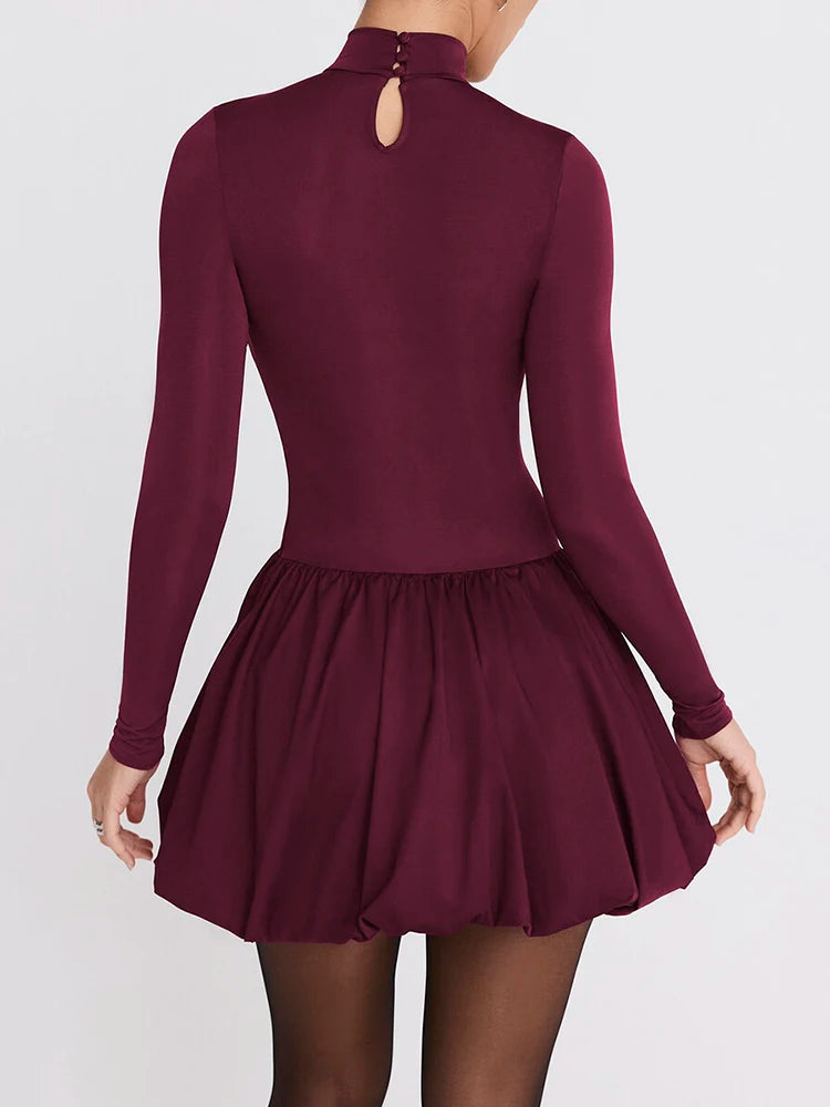 Patchwork Turtleneck Long Sleeve Mini Dress Burgundy High Waist A-line Dress Slim Street