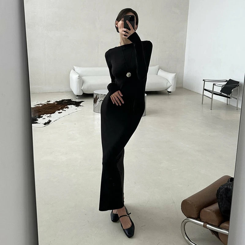 Round Neck Long-Sleev Package Hip Long Dress Wait Bottoming Long Skirt