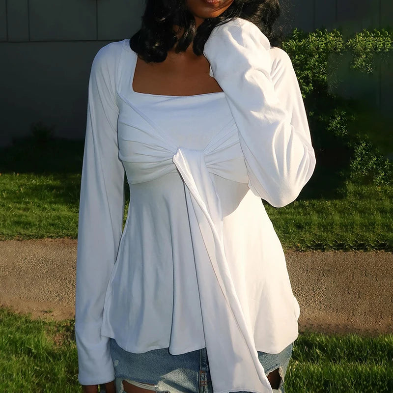Square Neck With Bow Tie Flare Long Sleeve Top
