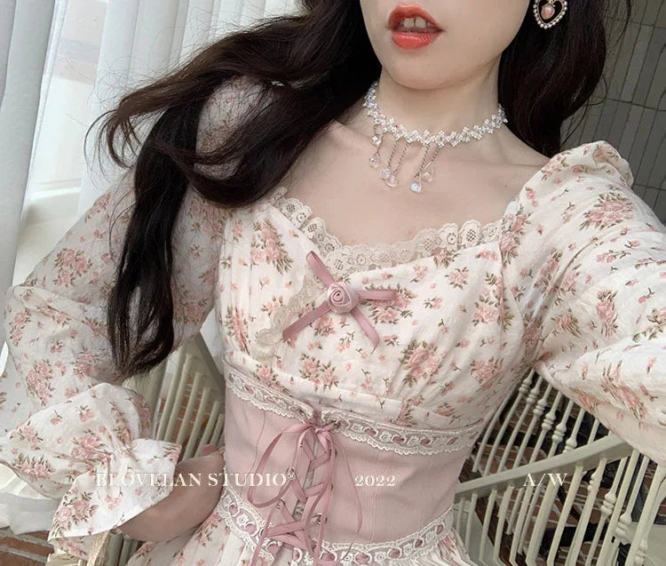 Spring Pink Floral Dress Bandage Lace Print Dress Puff Sleeve Kawaii Dress Princess Fairy