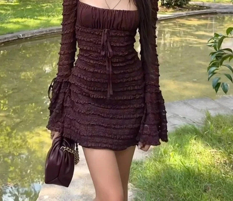 Slim Fitting Backless Low-cut Lace Up Mini Dress Texture Long Sleeve Dress