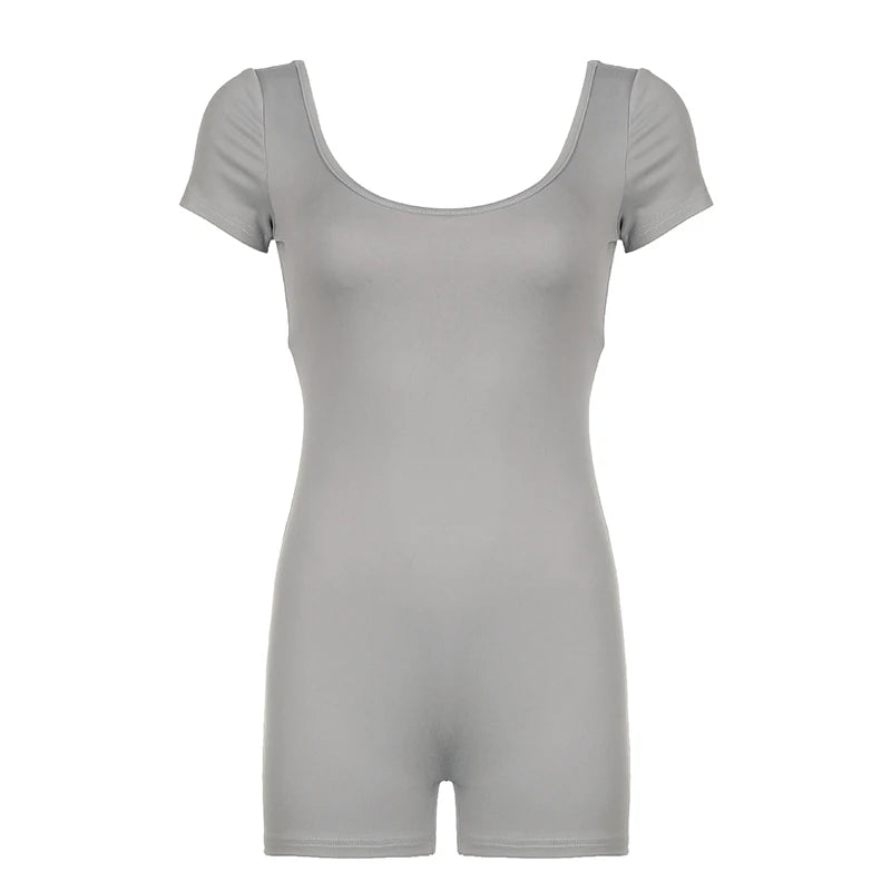 Backless Hollow Out Slim Rompers Short Sleeves Jumpsuits Sports Crewneck Bodycon