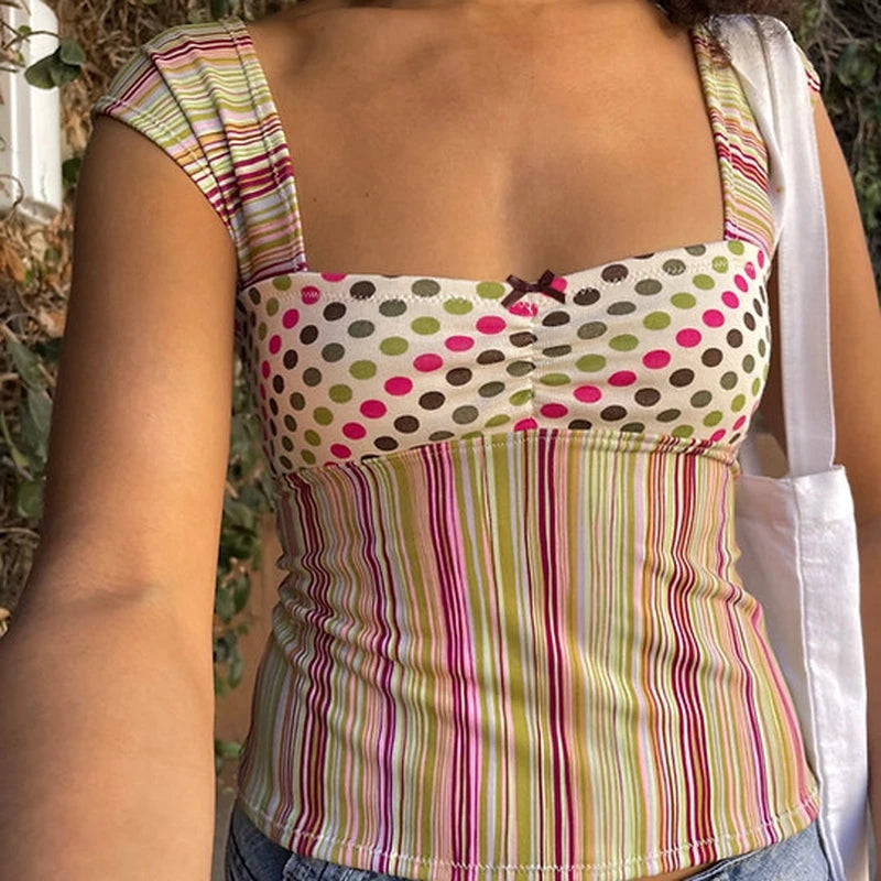 Cottage Bow Trim Milkmaid Crop Top Plaid/Stripes Square Neck Tank Tops Backless Slim Fit Shirts Vest