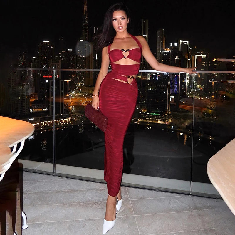 Color Slim Hollow Out Love Metal Design Set Hanging Neck Backless Top Package Hip Skirt Sets