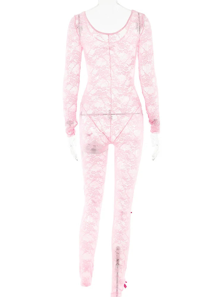 Lace Transparent Thin Solid Jumpsuit Long Sleeve Slim Fit Sheer Night Street Jumpsuit