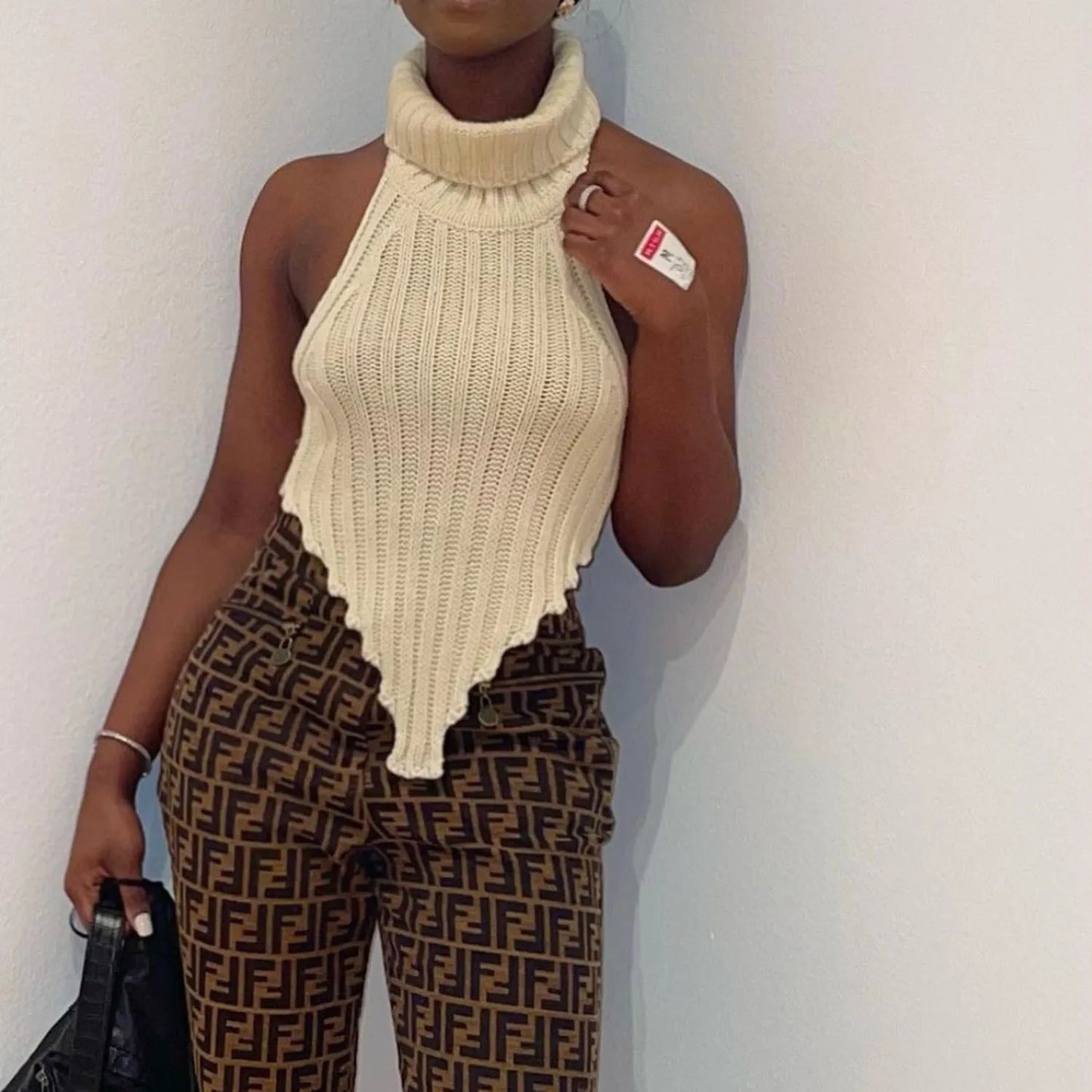Knitted Turtleneck Sleeveless Backless Tank Top