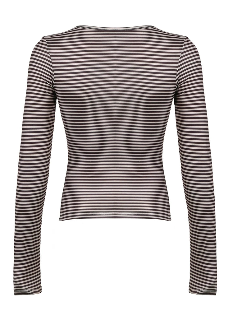 V-neck Strip Tee Shirt Long Sleeve Slim Lace-up Top