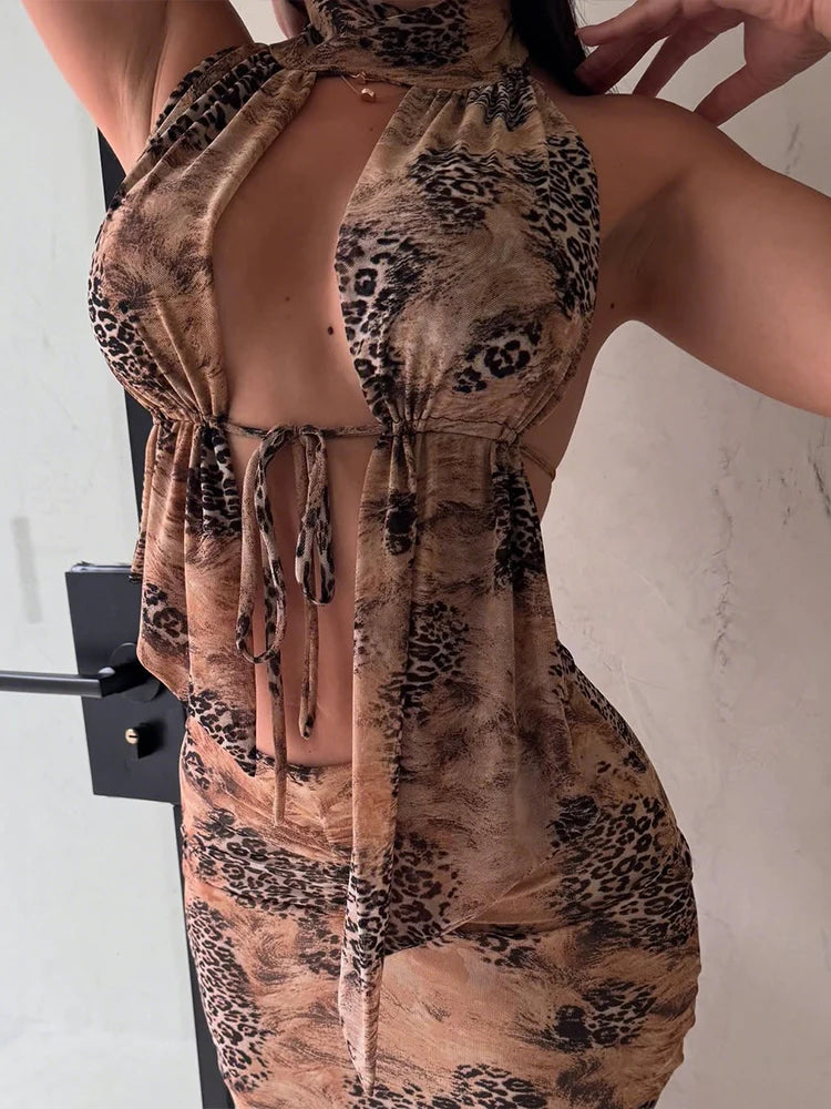 Tie-Dye 2 Piece Set Halter Turtleneck Ruffles Backless Top Ruch Skirts