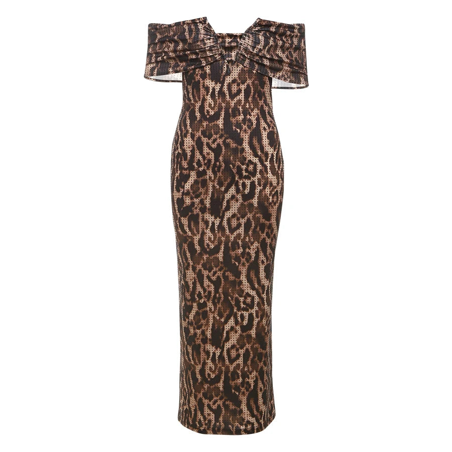 Slash Neck Dress Leopard Ruched Off The Shoulder Long Bodycons