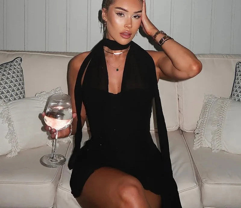 Mesh Wrap Around Halter Sets Backless Top and Skirt Co-ords Set