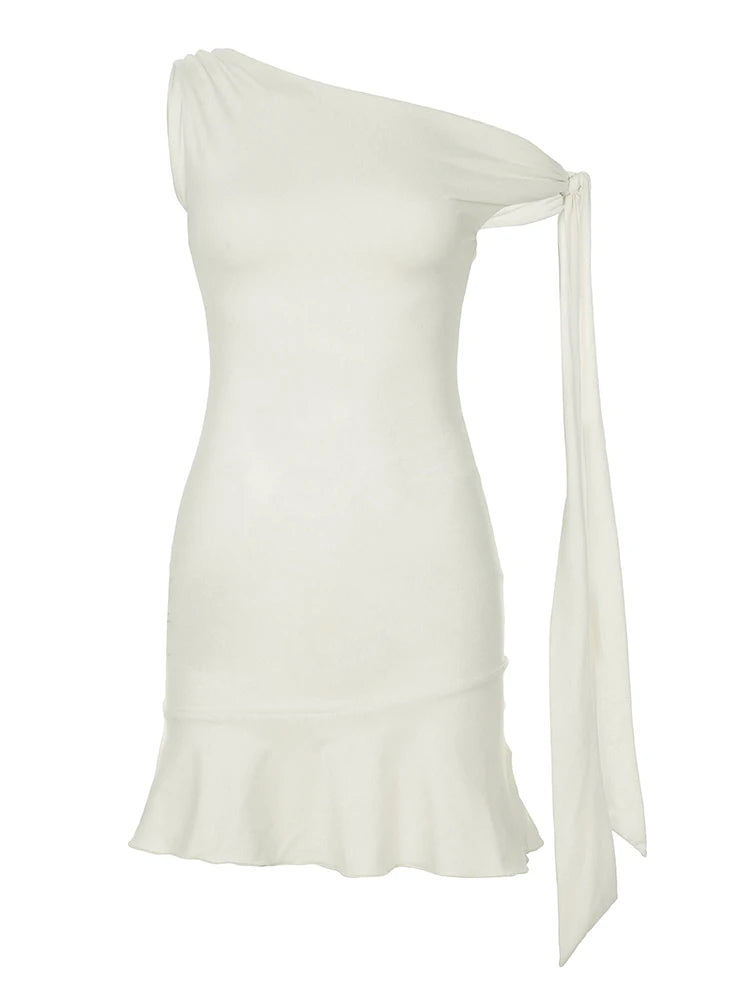 Lace Up Straps Sleeveless Ruffles Dress Slim Asymmetrical 's Mini Dress