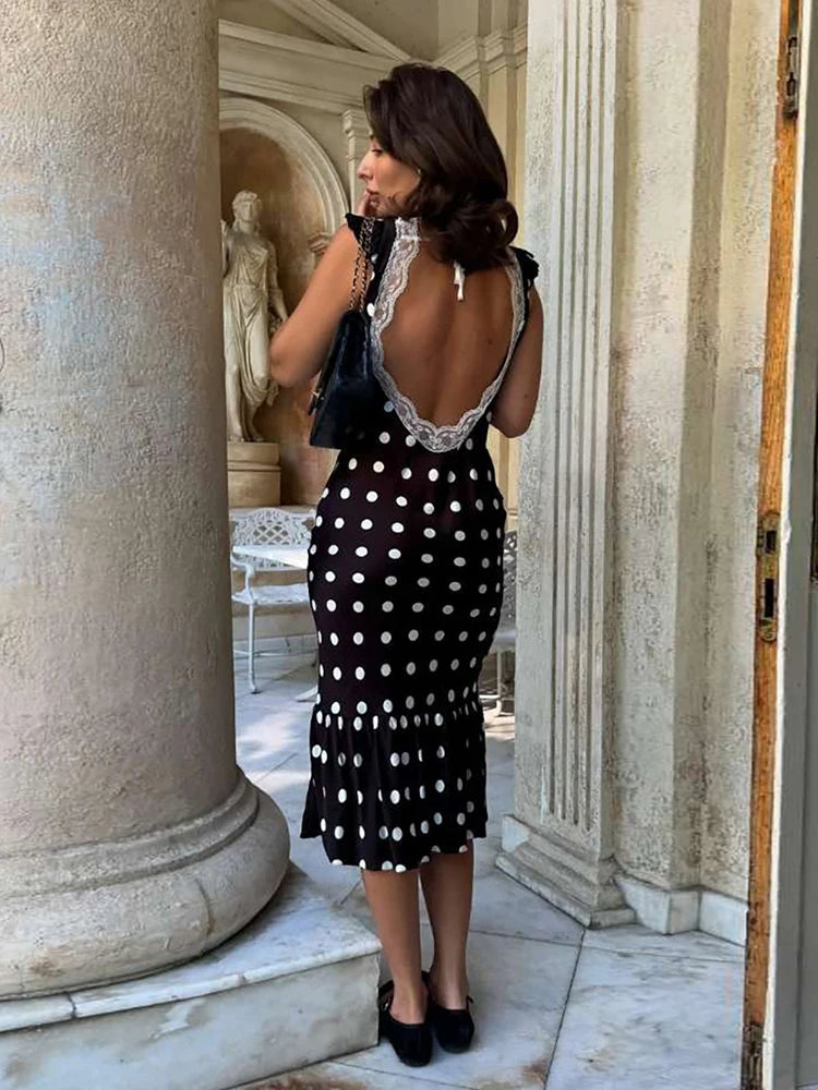 Black Backless Polka Dot Ruched Bodycon Midi Dress