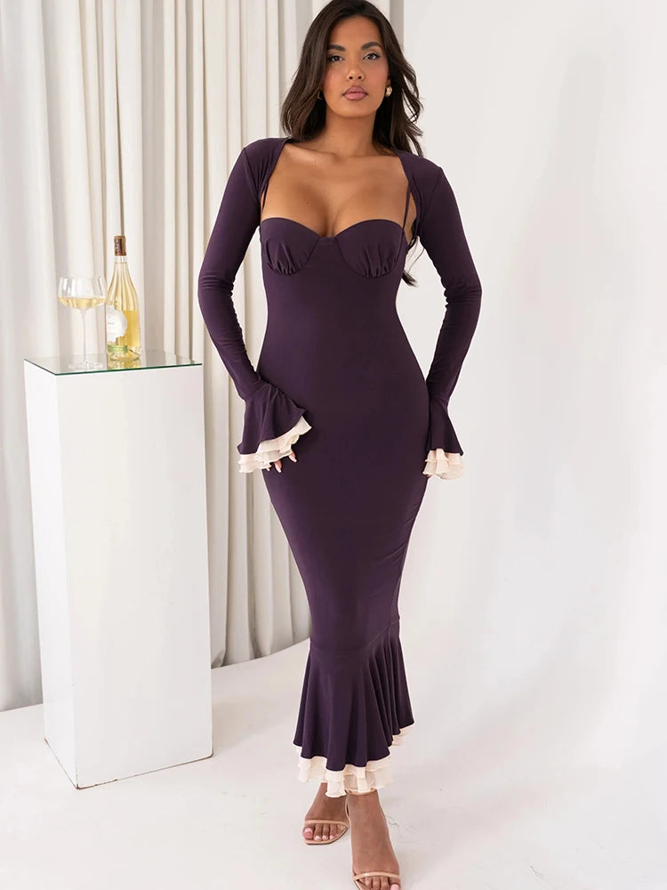 Square Collar Two Piece Sets Mermaid Dress Flare Sleeve Evening Dress