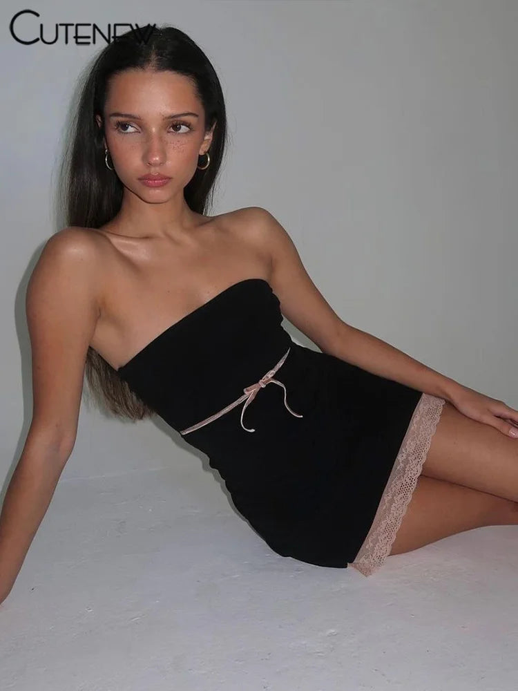 Black Lace Patchwork Mini Dress Shiny Wrapped Chest Body-shaping