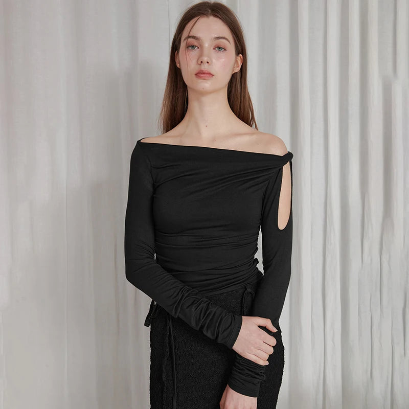 Oblique Collar One Shoulder Tie Long Sleeve Top Ruch Pullover