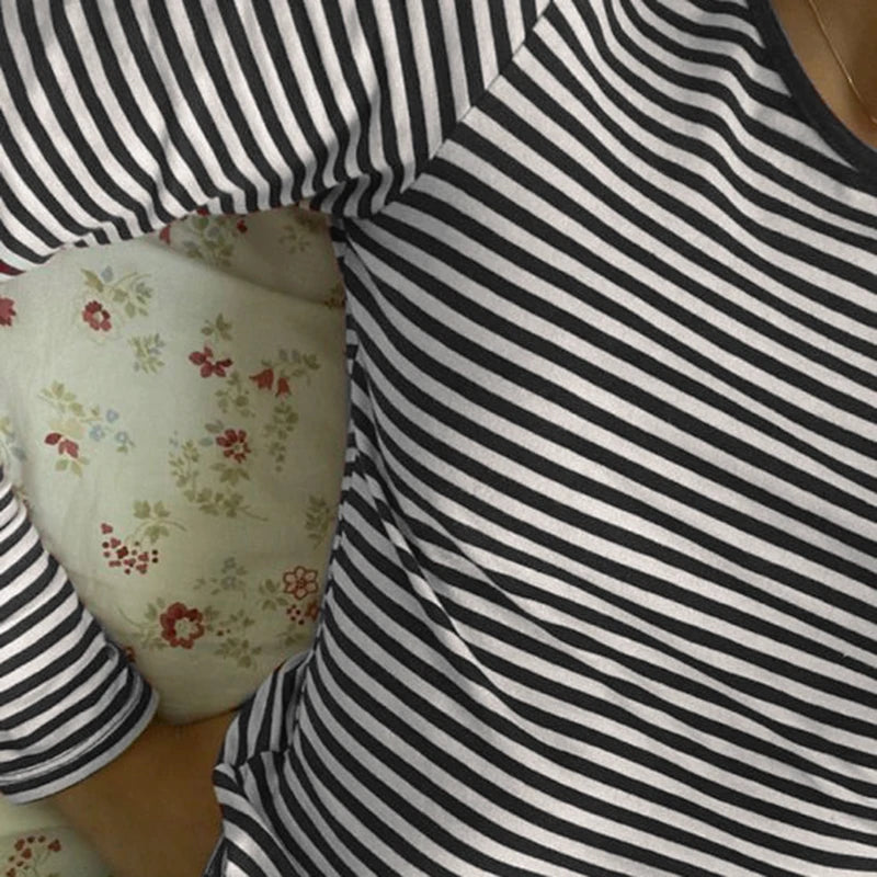 Backless Striped Print Slim Tee Shirts Long Sleeves Tees