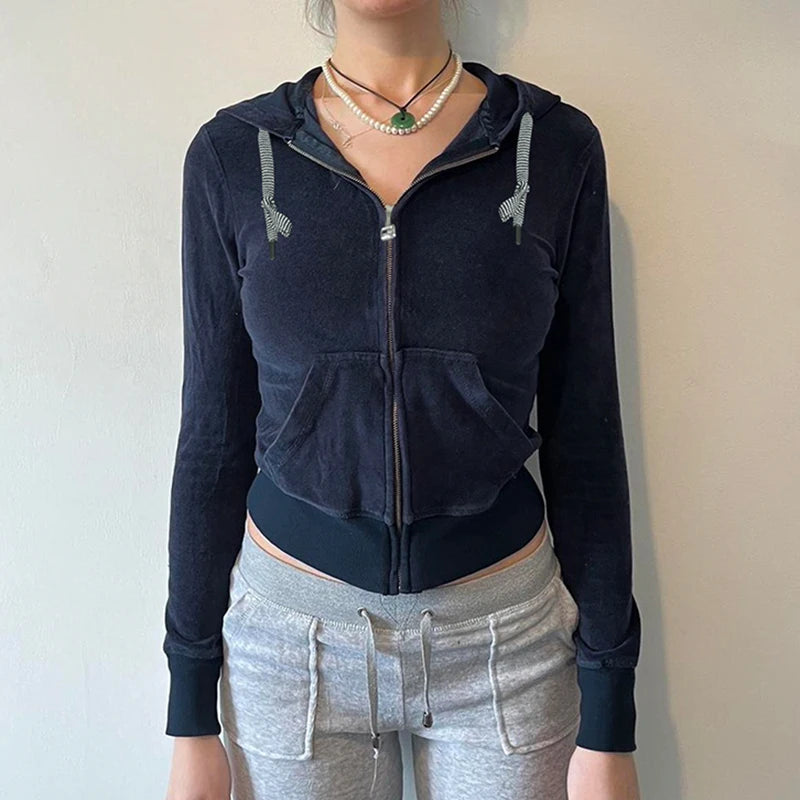 Velvet Jacket Zip Up Front-pocket Hood Coat Overcoat