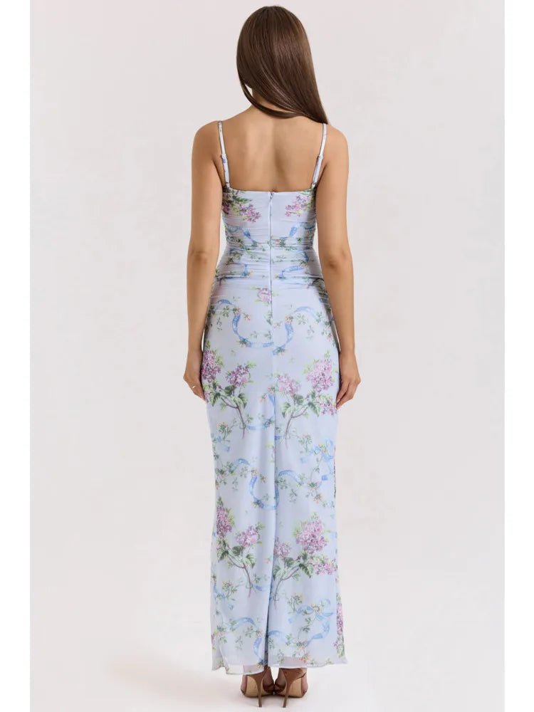 High Slit Floral Maxi Dress Purple Spaghetti Strap Evening Dress Slim