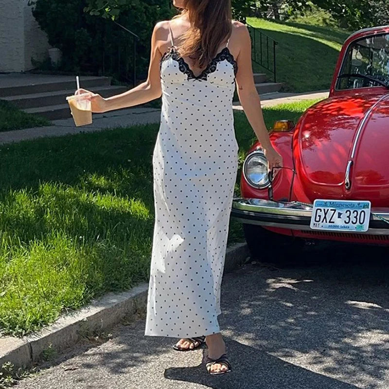 Lace Polka Dot Spaghetti Strap Dress Sleeveless