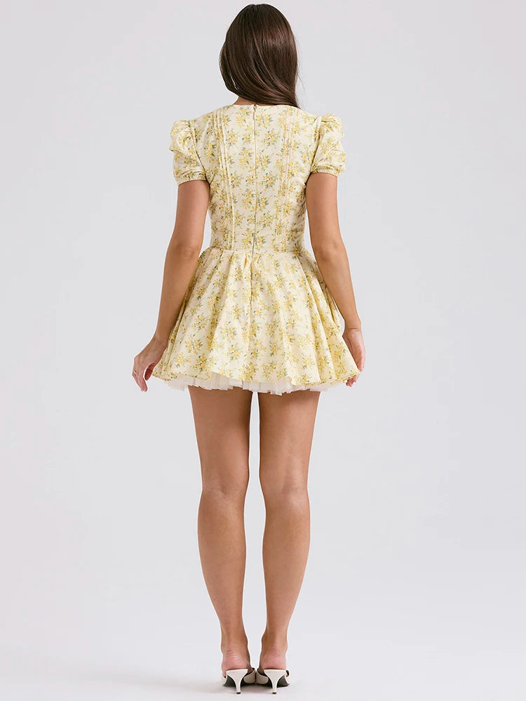 Print Mini Dress For Yellow Short Sleeve Deep V Neck A-line Pleated Dress
