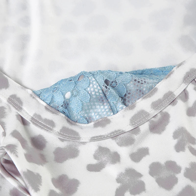 Lace Patchwork Leopard Print T-shirt Long Sleeves s Top