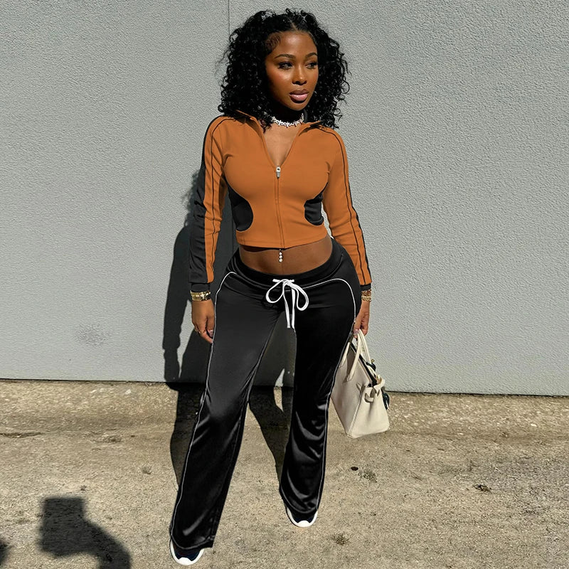 Stand-Up Collar Sport Fitne Set Slim Thin Long-Sleev Jacket Drawtring Straight Pant Set