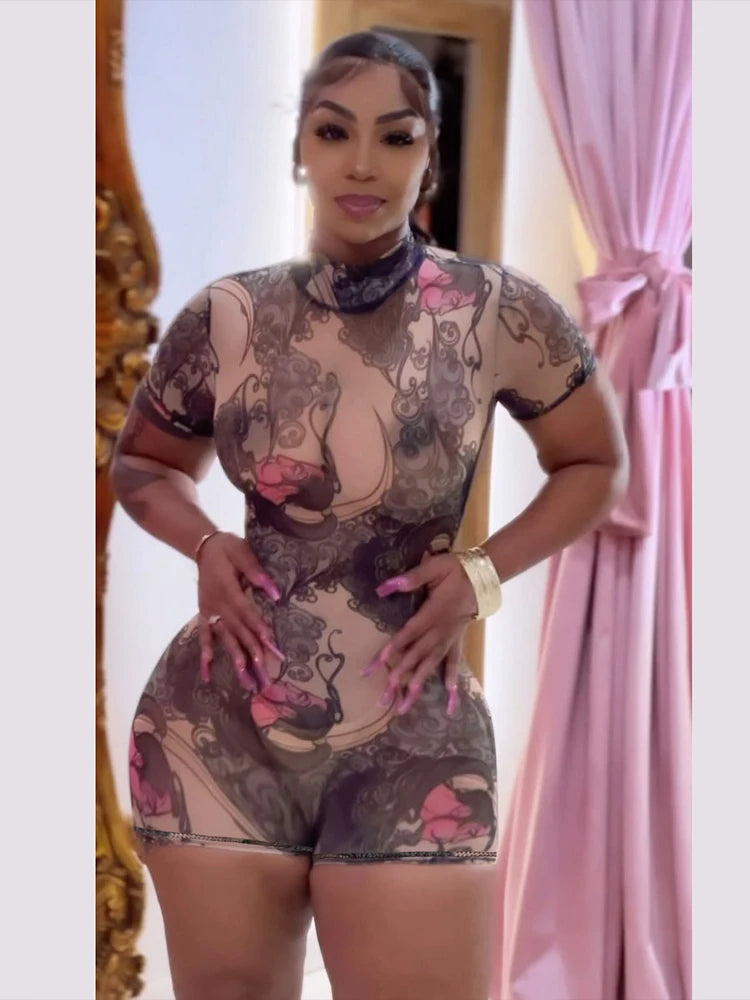 Meh Stunning Playuit Thin Sheer Backless O-neck Short Sleeve Slim Romper